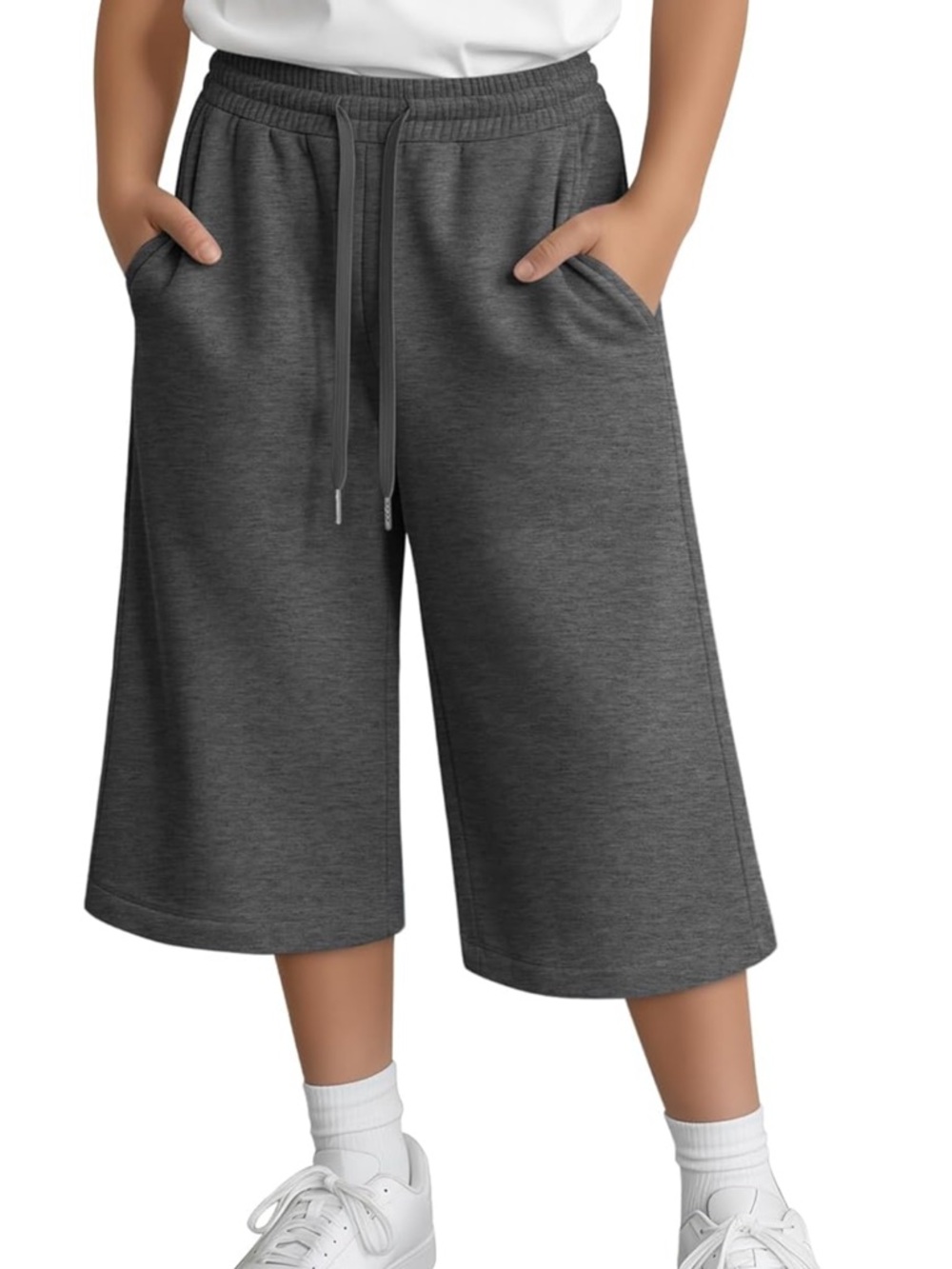Wide Leg Drawstring Capri Sweatpants in Dark Heather Gray Boys 13-14